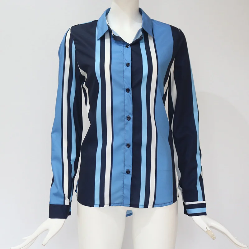 2019 Новая женская модная рубашка с лацканами Повседневная в полоску длинным