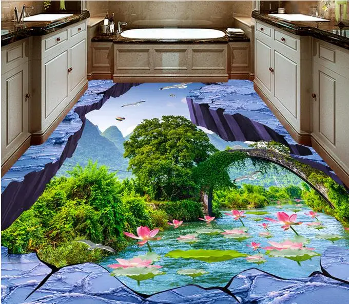 3D Flooring Flying bird stream lotus Wallpaper For Walls 3 D Living room Bathroom Floor Tiles PVC Waterproof | Обустройство дома