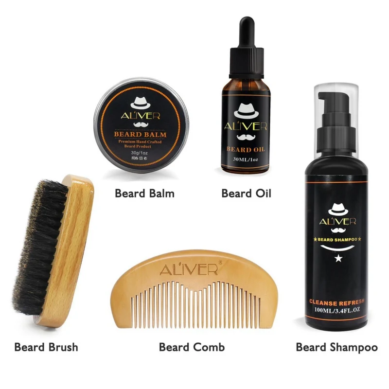 

Men Beard Oil Kit With Moustache Shampoo 100ml+ Comb + Brush + Oil 30ml+Cream 30g Kit Male Beard Care Set zeus