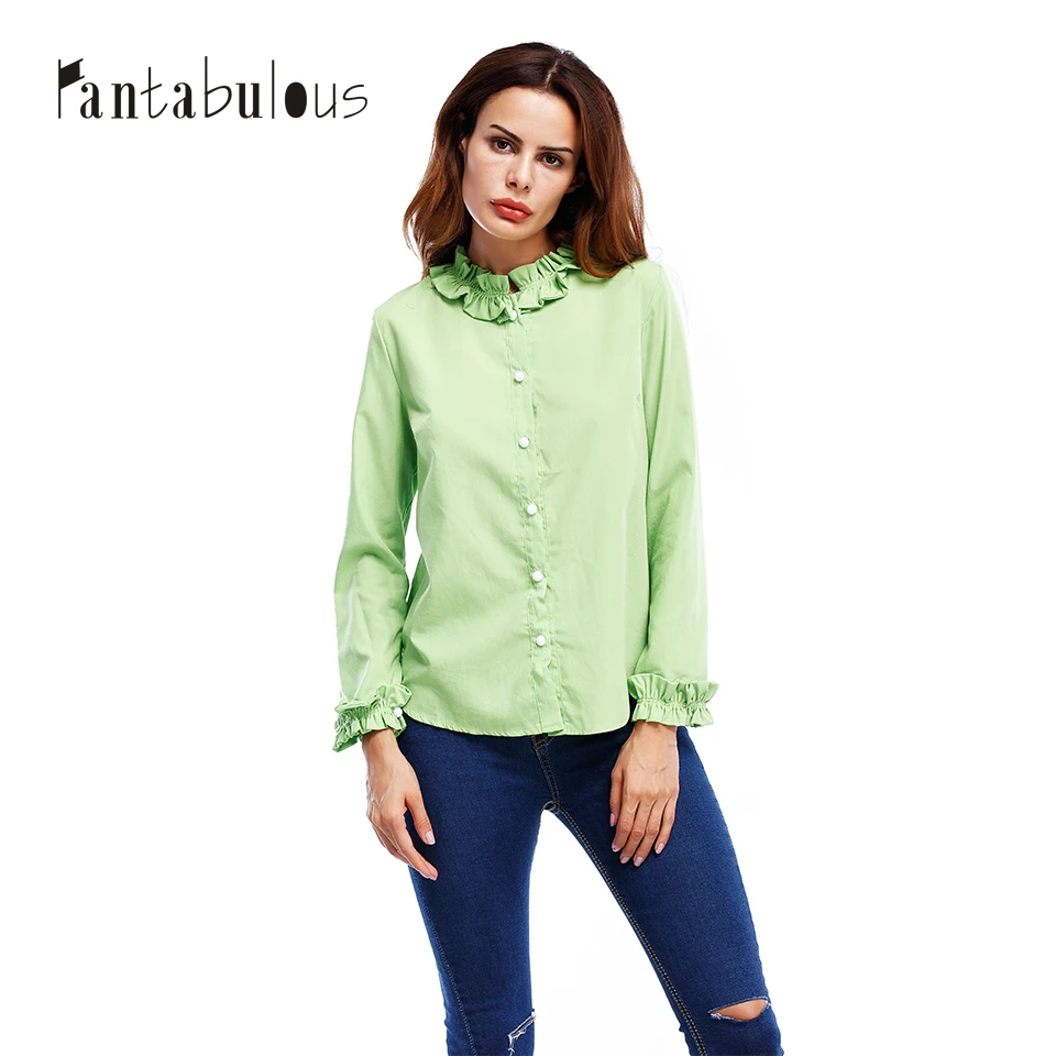 Fantabulous new High collar Pure color leisure Women shirt Wavy edge Landscape buttons Sweet blouse 2018 |