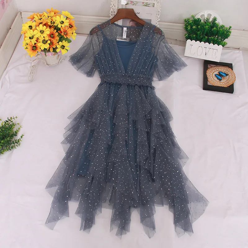 Женское Сетчатое плиссированное платье миди эластичное асимметричное из тюля с