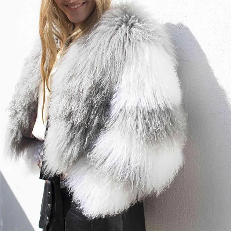 NEW Design Olivia's Womens Lamb Fur Coat Tan Sheep Fur Coats Short Sheep Skin Jacket 55cm Mongolia Sheep Fur In Real Fur Coat