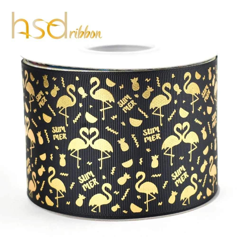 HSDRibbon 3 inch 75mm gold foil custom printed flamingo grosgrain ribbon | Дом и сад