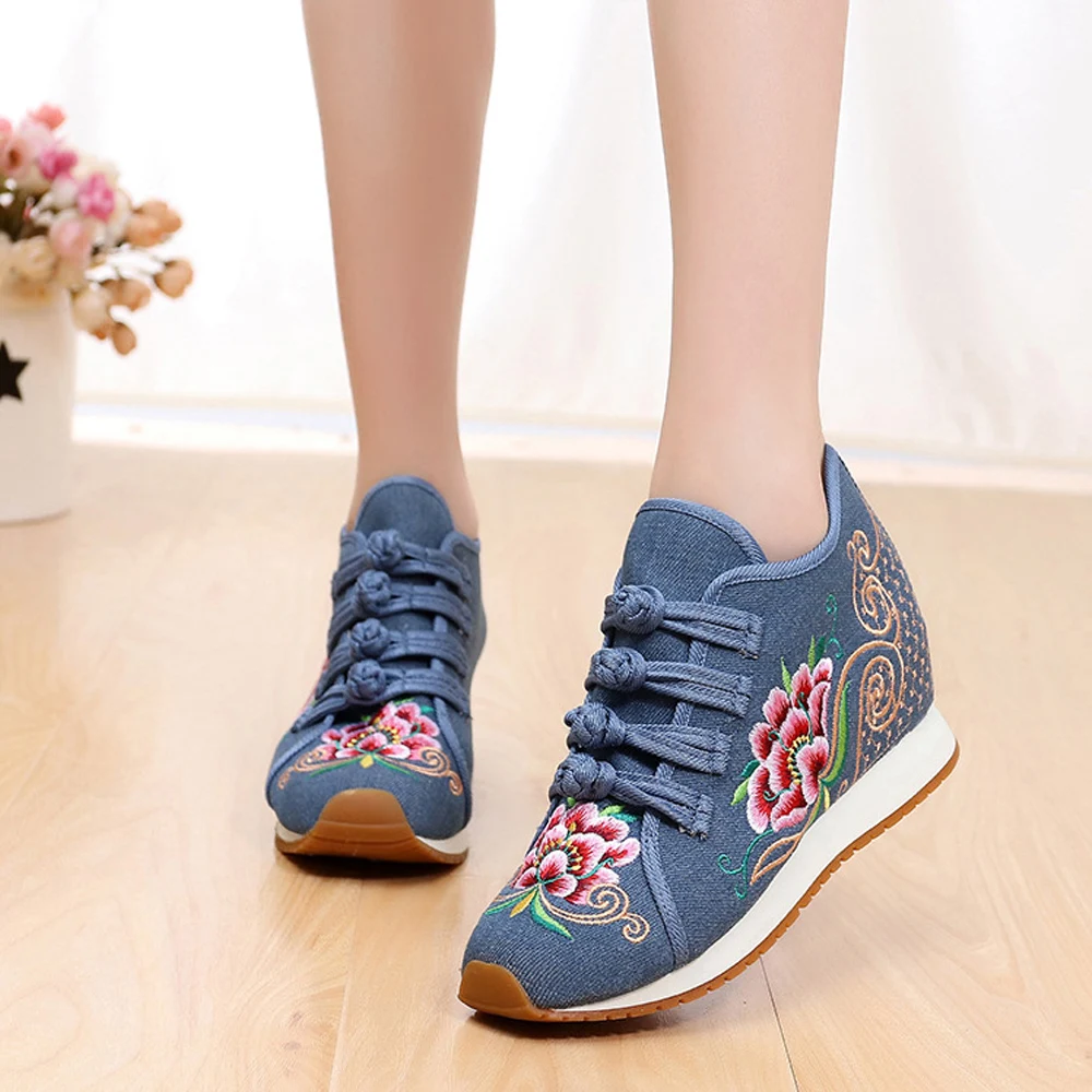 Zapatos Mujer Женские этнические кроссовки Джинсовая парусиновая обувь на плоской