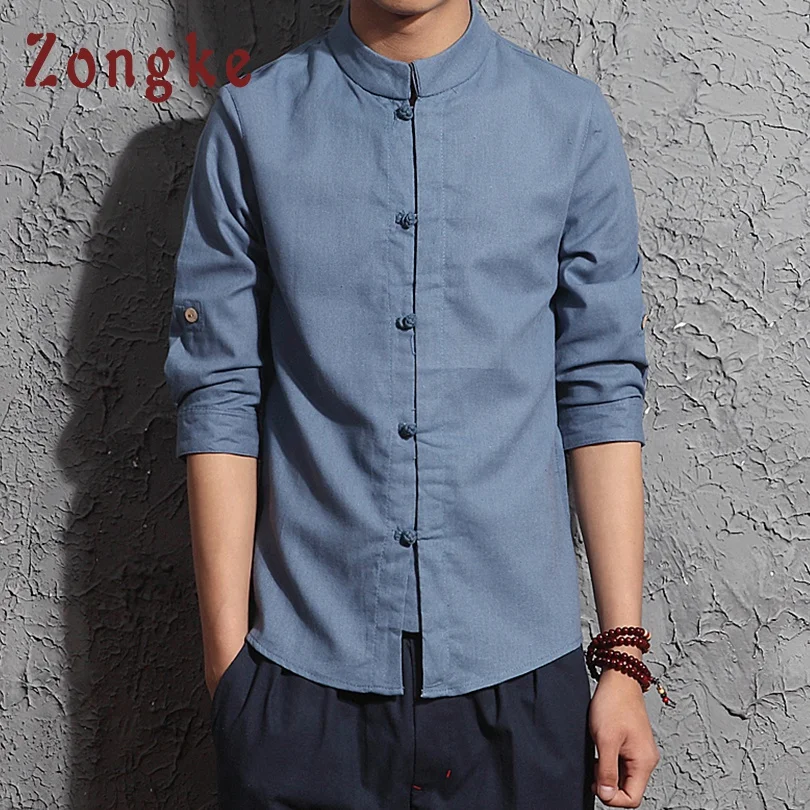 Zongke, китайский стиль, одноцветная рубашка, мужская, модная, уличная, Harajuku, рубашка с длинным рукавом, мужская, 5xl, мужские рубашки, повседневная, приталенная,, новинка