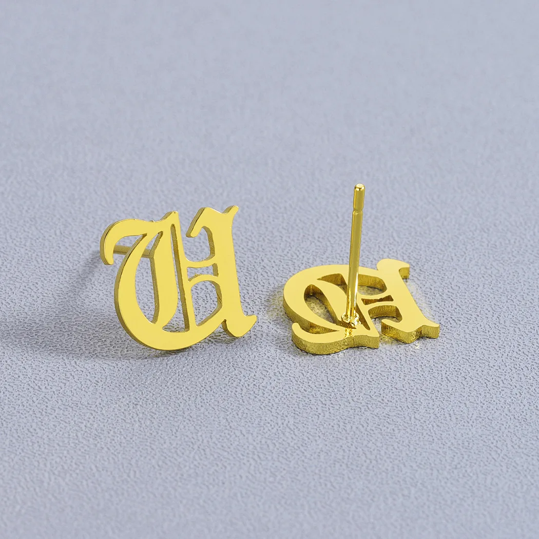 Old English Letter U Earrings Stainless Steel 26 Alphabet Neo-gothic Name Earring Stud Mother's Day Gift Gracias Regalo | Украшения и