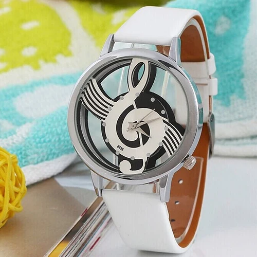 Popular Women's Men's Musical Note Notation Hollow Faux Leather Strap Quartz Wrist Watch | Наручные часы