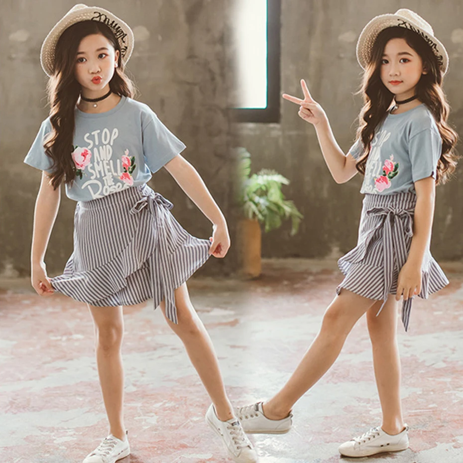 Комплект одежды для девочек рубашка с цветочным узором + юбка в полоску комплект