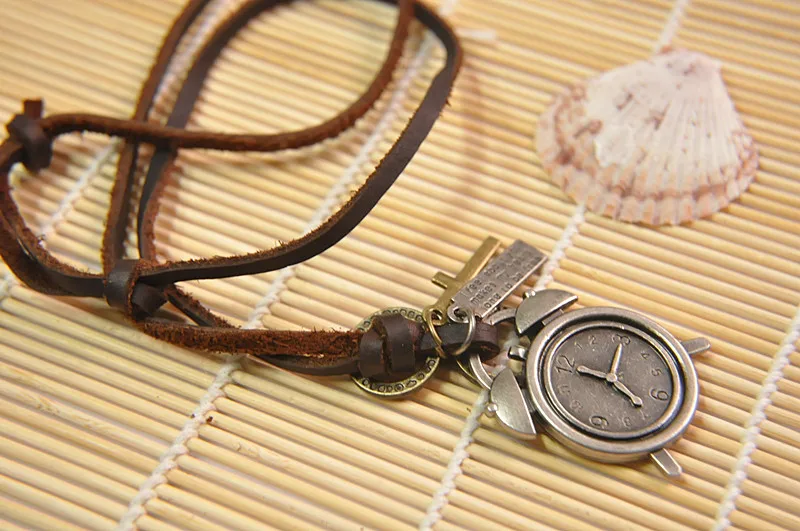 Men Women Clock Leather Necklaces &amp Pendants Fashion Vintage Statement Chokers Black Brown Real Cord Movable 50-70cm | Украшения и