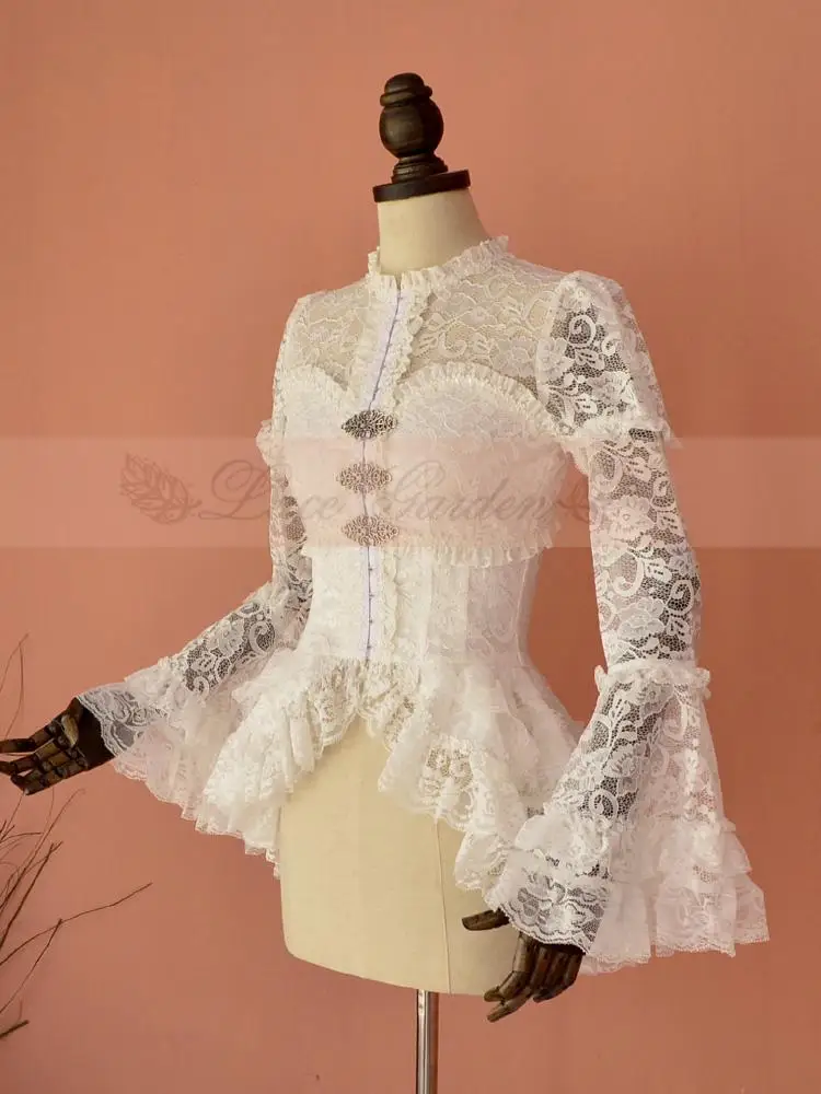 Vintage Women's Illusion Neckline Lace Blouse Gothic Long Flare Sleeve Ruffled Top by Garden | Женская одежда