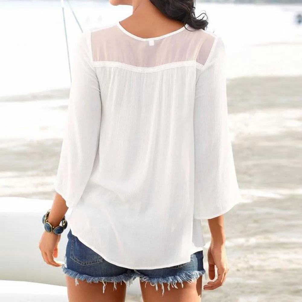 Летние Для женщин с v-образным вырезом длинным рукавом белая рубашка блуза Модные