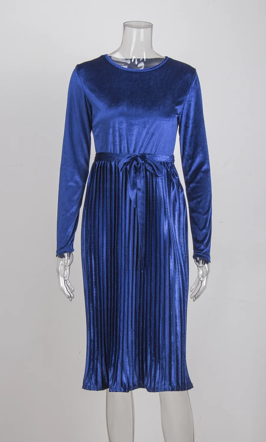 Spring pleuche Velvet Elegant Pleated Dress Women Robe Velours Vintage Belted Long Sleeve With Sashes | Женская одежда