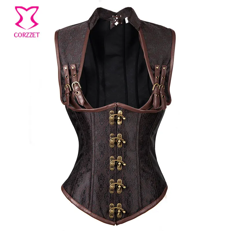 

Corzzet Brown Steel Boned Collared Top Steampunk Underbust Corsets And Bustiers Body Shaper Plus Size Women Gothic Corset