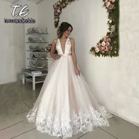 v neck tulle wedding dresses 2020 applique lace sashes a line backless floor length sleeveless bridal dress vestido de noiva