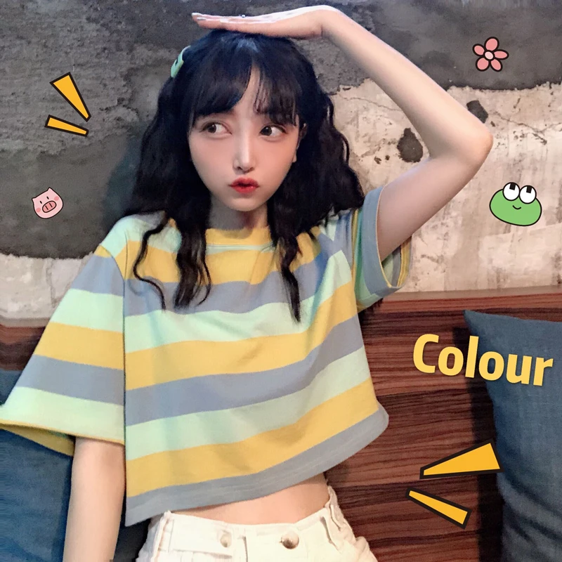 2 цвета Mihoshop Ulzzang Корейская женская модная одежда в радужную полоску Повседневная