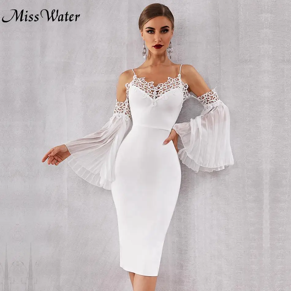 

Miss Water New Celebrity Party Bodycon Bandage Dress Women Flare Sleeve Off The Shoulder Sexy Club Lace Dress Women Vestidos