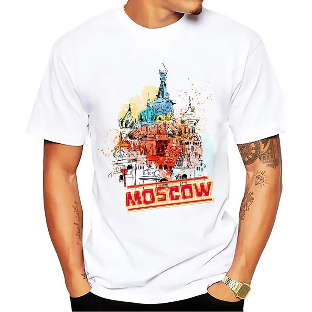 

Russia Moscow city Red Square watercolor drawing no glue print tshirt men 2018 summer new white casual homme cool t shirt