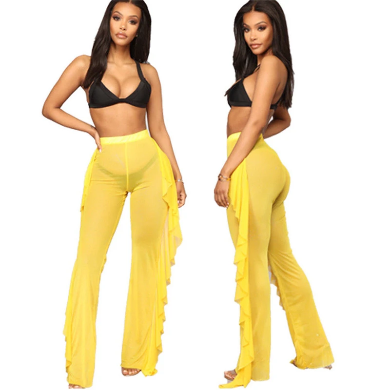 Новинка сексуальные женские пляжные штаны с рюшами и сеткой кроше Летние