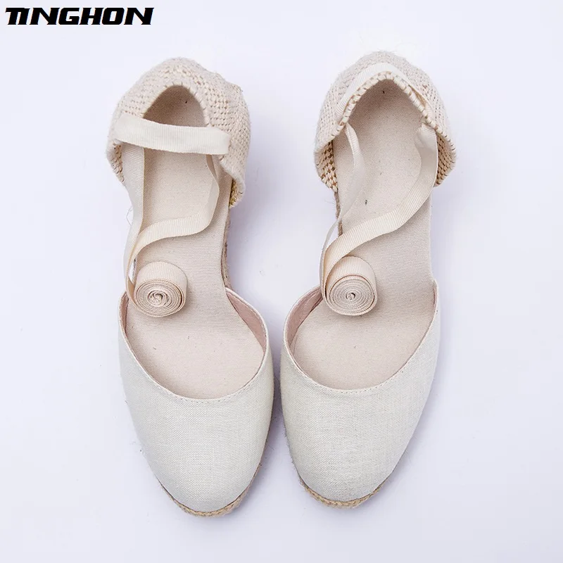 Женские холщовые эспадрильи TINGHON босоножки на танкетке с ремешком щиколотке