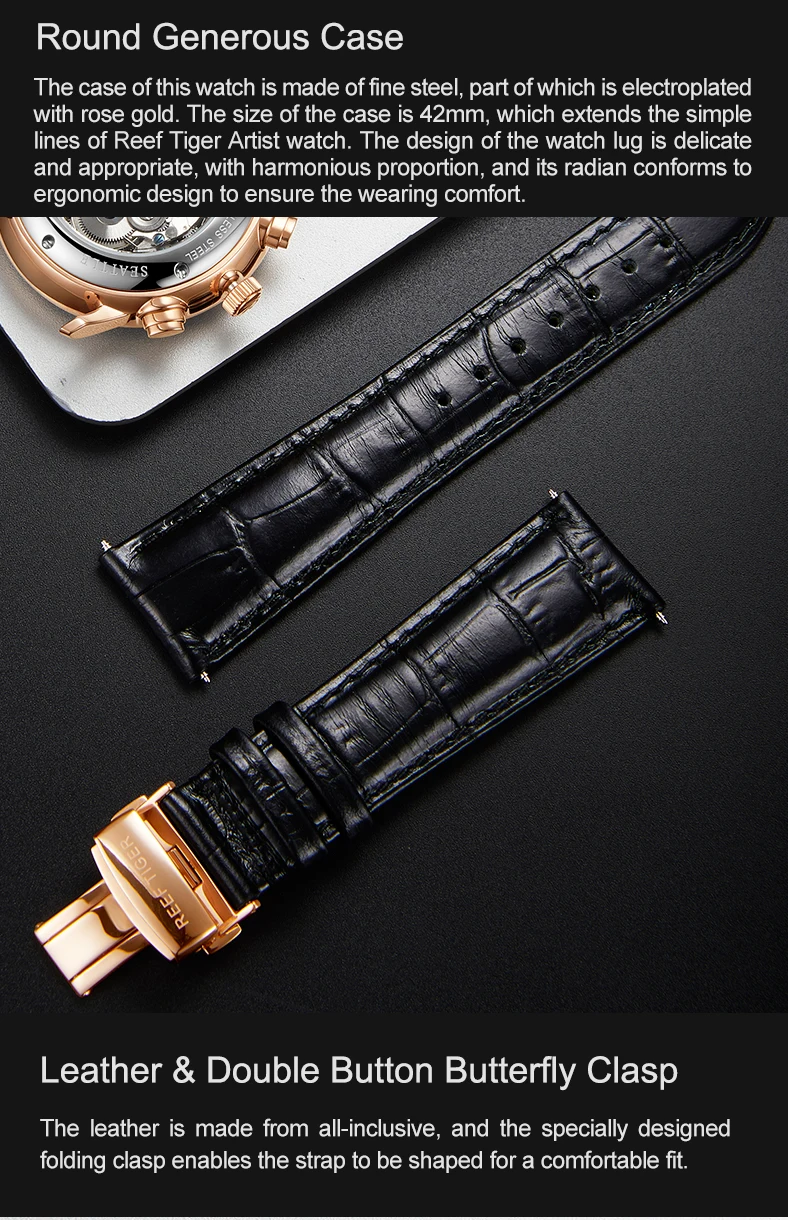 Reef Tiger/RT Топ брендовые Роскошные автоматические часы Reloj Hombre многофункциональные модные кожаные мужские часы из розового золота RGA1699