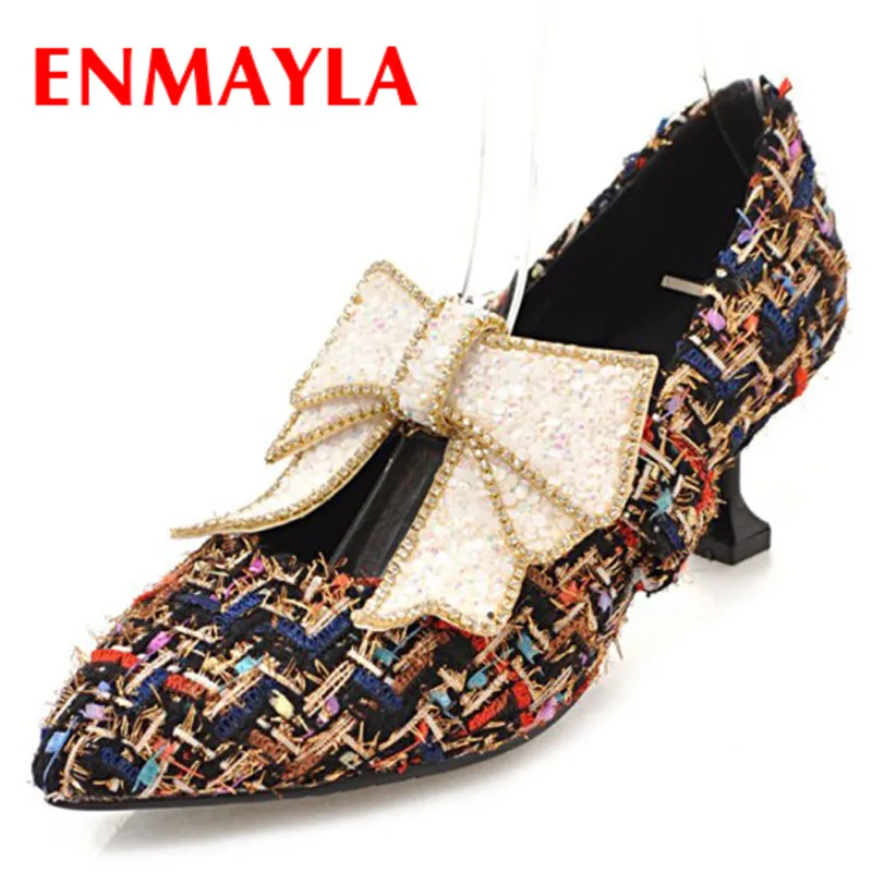 

Туфли-лодочки ENMAYLA с острым носком, женские туфли на высоком каблуке с бантиком и подвесками, черные, персиковые, белые туфли без застежек, Ту...