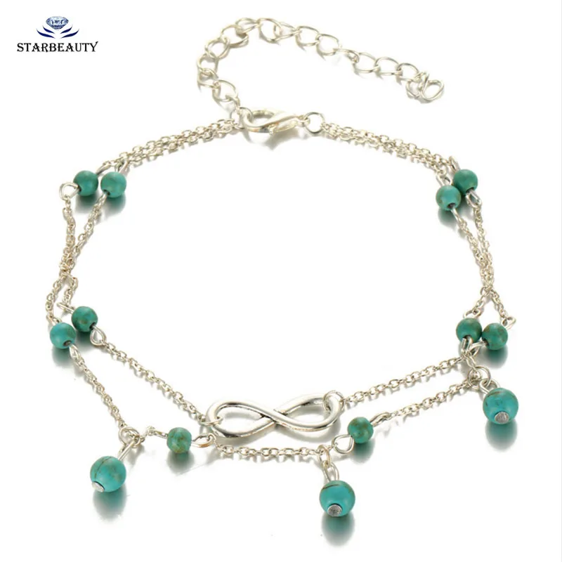 Двухслойная цепочка для ног из натурального зеленого камня Золотая/серебряная 22 5 мм ювелирное изделие