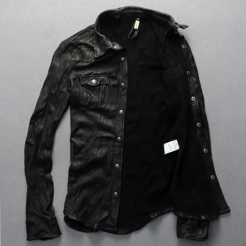 2017 Мужская тонкая рубашка из натуральной кожи мягкие рубашки овечьей черная