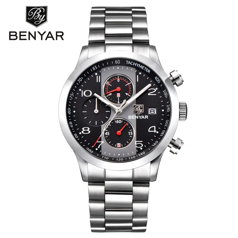 Steel black B BENYAR, модные спортивные часы с хронографом, мужские часы с ремешком из нержавеющей стали, брендовые кварцевые часы, мужские часы, Reloj Hombre, черные - Цвет: Steel black B
