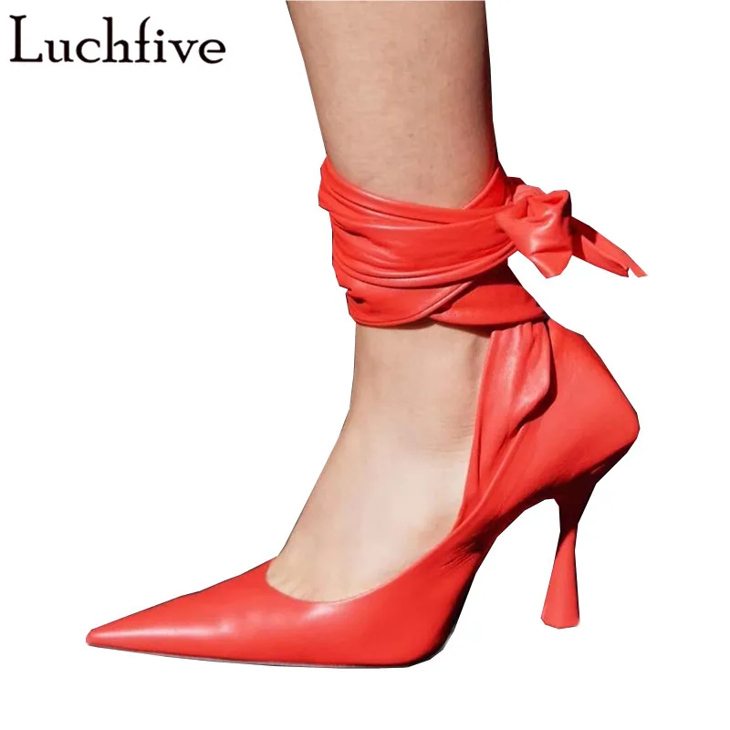 Sexy Thin High Heels Women Pumps Shoes Pointy Toe Red T-Show Shoes Woman Classic Lace Up Fahion Party Shoes Zapatos De Mujer