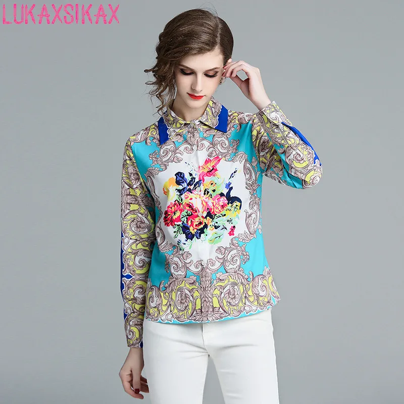 LUKAXSIKAX 2019 New Spring Autumn Women Long Sleeve Shirt High Quality Gorgeous Vintage Flowers Print Designer Runway |