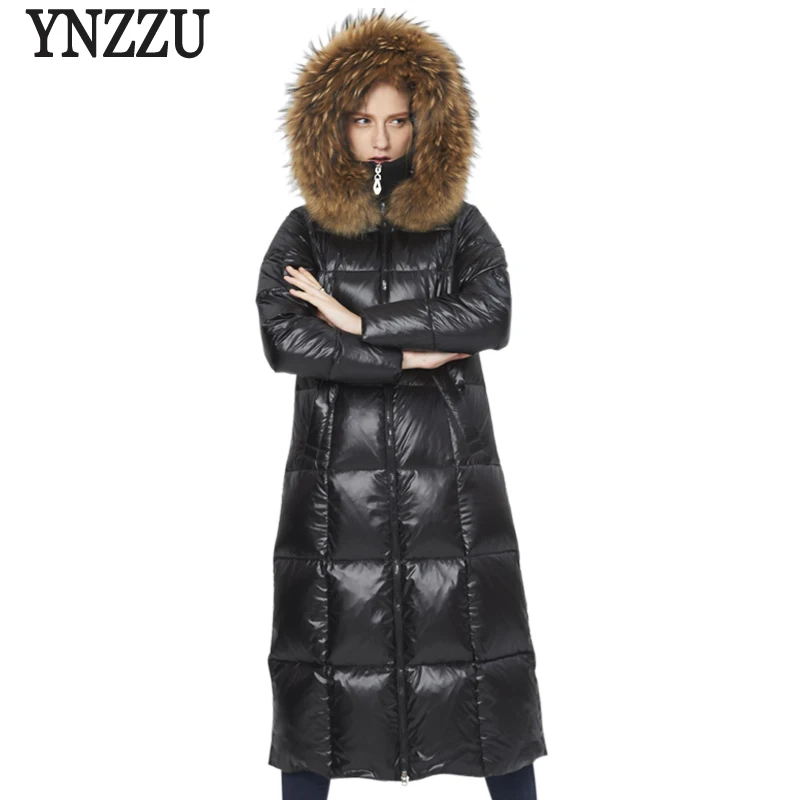 

YNZZU Brand Women Winter Down Jacket 2021 Long Thick Real Large Raccoon Fur Collar Hooded Luxury Warm Female Winter Jacket O295