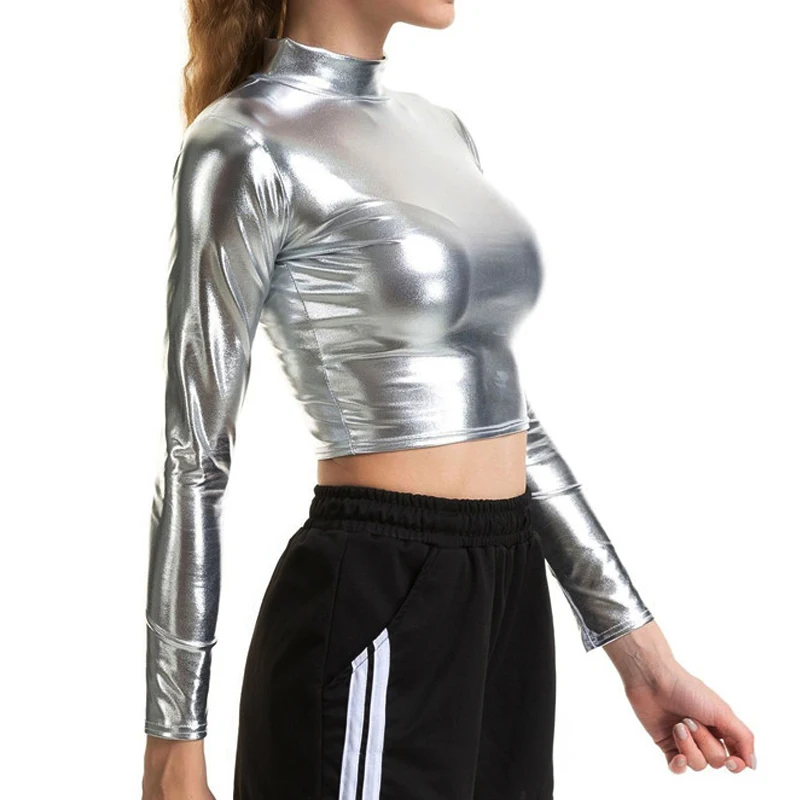 Dazzling Metallic Colors Women Basic Tee Shirt Fashion Turtleneck Long Sleeve Crop Tops Sexy Skinny T Shirts Casual Streetwear