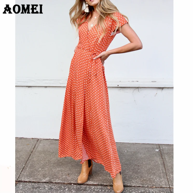 Летнее платье макси для женщин в горошек модная повседневная одежда отдыха пояс