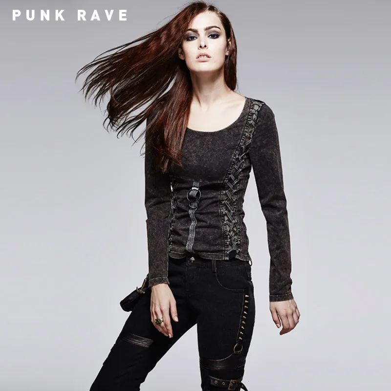 Панк РЕЙВ панк футболка с Винтаж стирка и matal Кольцо украшено|punk rave|punk t-shirtt-shirt punk |