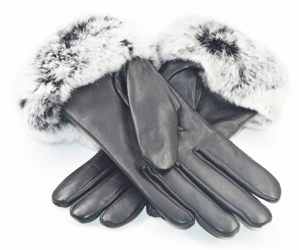 Real Rex Rabbit fur Leather Gloves Women Black Sheepskin Genuine Leather Gloves Winter Warm Soft Sheepskin Leather Gloves