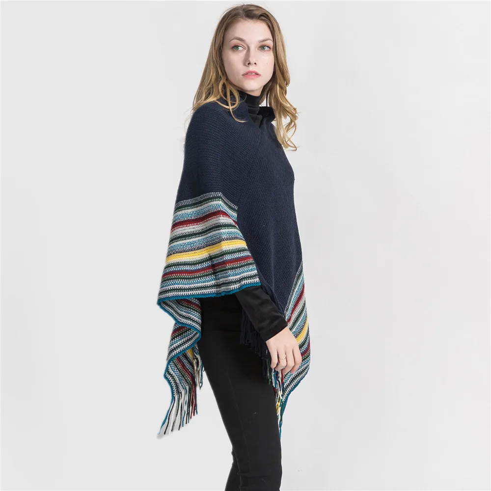 Новинка Модные Разноцветные полосатые вязаные шарфы пончо с кисточками Женское