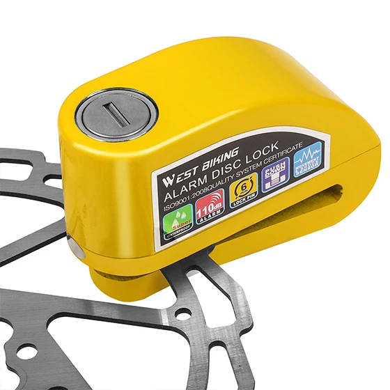 Yellow WEST BIKING 110 дБ замок с сигнализацией для велосипеда Мотоцикл Противоугонная сигнализация Водонепроницаемый Колесный дисковый тормоз Безопасность Сирена замок велосипедный замок - Цвет: Yellow
