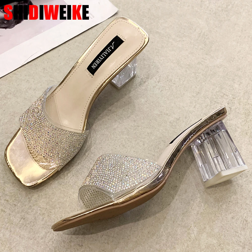 Летние тапочки для женская обувь с блестками открытый носок туфли на высоком