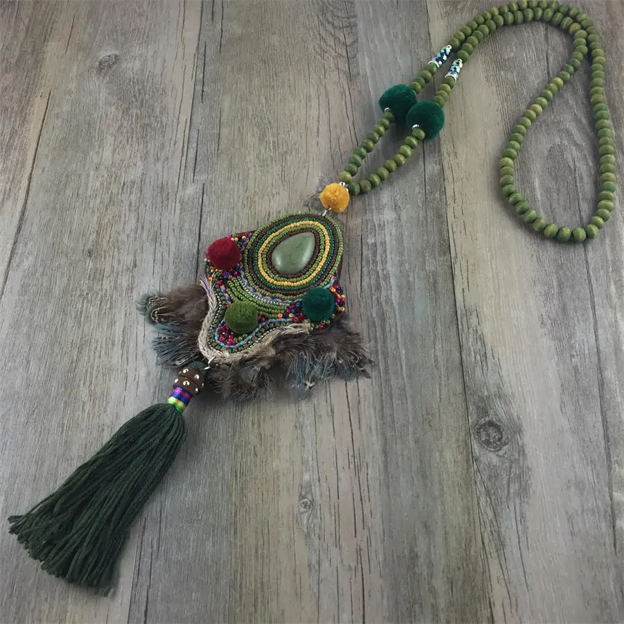 Новое богемное ожерелье с кулоном в стиле бохо массивное помпоном из дерева для