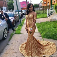 fatapaese sparkly african black girls gold mermaid prom dresses long off the shoulder reflective sequin evening party gowns