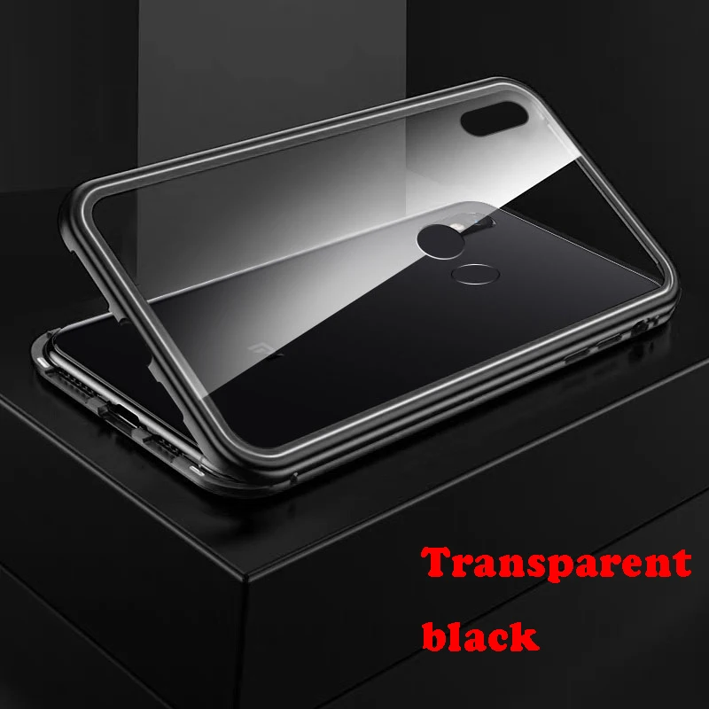 transparent black 50 шт./лот, магнитный металлический бампер, чехол, противоударный, прозрачный, стеклянный бампер, чехол для Xiao mi Red mi Note 5 6 7 pro 6A mi 9 8 lite - Цвет: transparent black