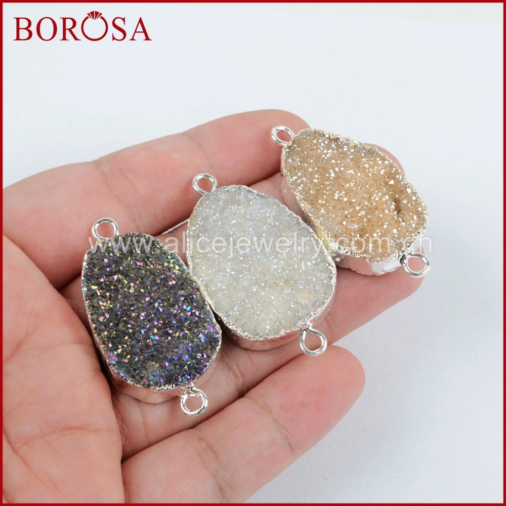 

BOROSA 5PCS Druzy Crystal Connector , Silver Color Rainbow Titanium Druzy Connector Double Bails for Bracelet Making S1312