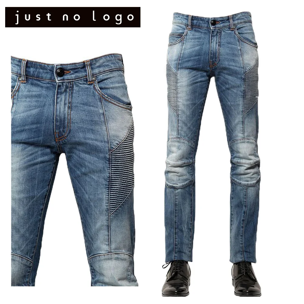 Мужские синие джинсы ребра Дизайн Biker Denim проблемных Рваные молнии брюк Slim Fit