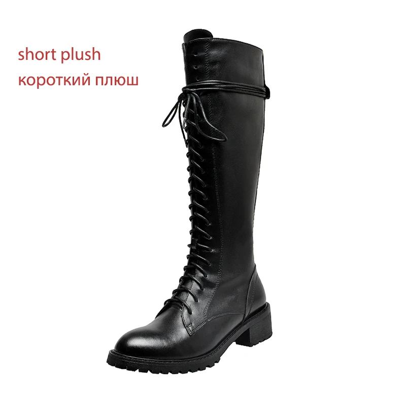 WETKISS Motorcycle Boots Women Thick Heels Boot Round Toe Croos Tied Shoes Female Cow Leather Shoes Ladies Autumn New - Цвет: blackleatherthin fur
