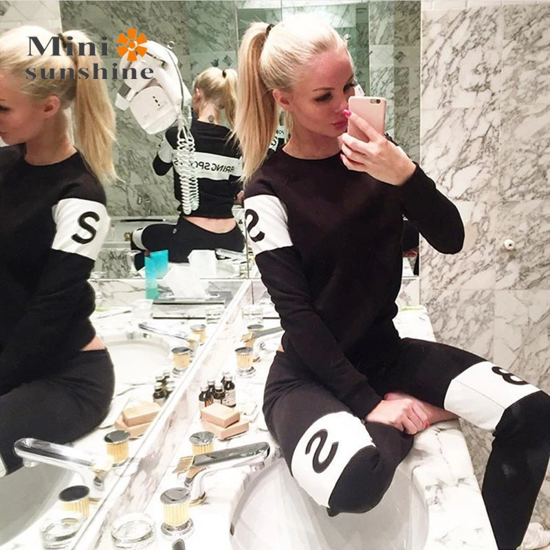 Brand Tracksuit Women Long Sleeve Running Set Tops Full Pants Slim Fit 2pac Letter Printed Pullovers femme Swag Hiphop | Спорт и