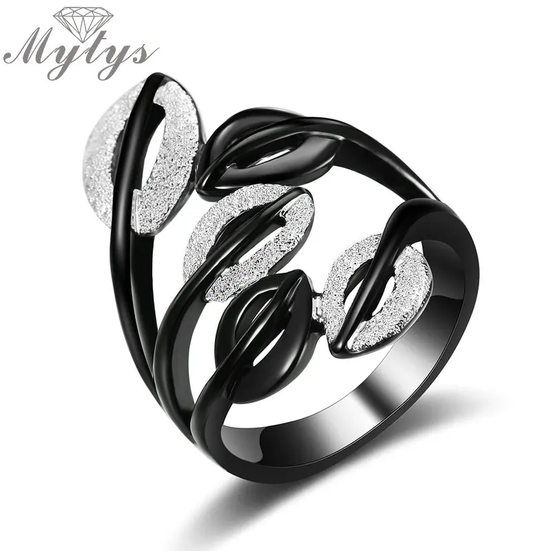 Mytys, черные, серебряные, двухцветные кольца для женщин, модные, вечерние, с вырезами в виде листьев, кольца для девочек, подарок,, Прямая поставка, r1985