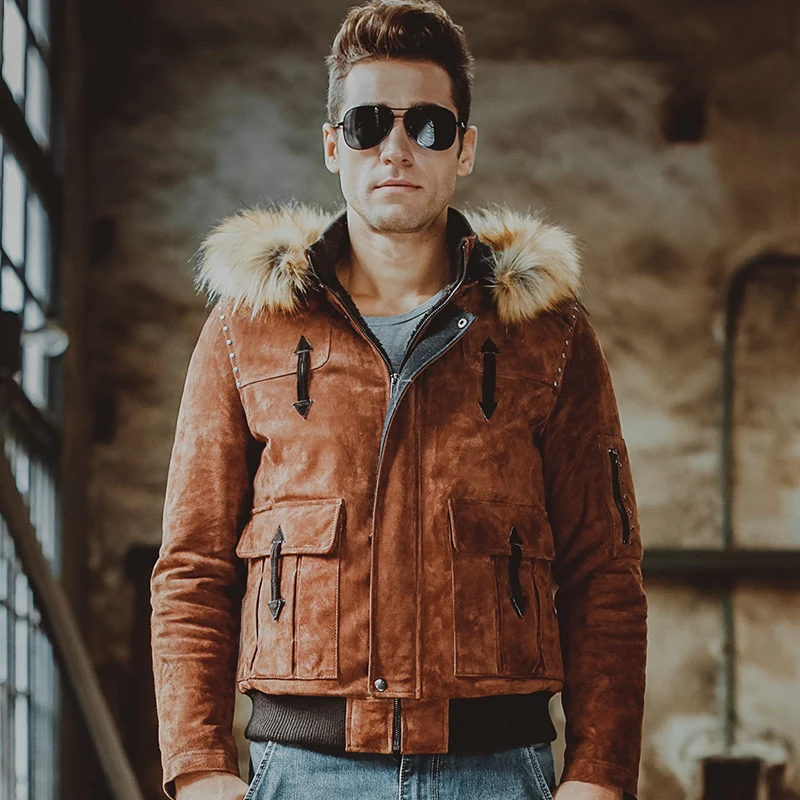 Мужская мотоциклетная куртка с меховой шапкой кожаные куртки из свиной шкуры