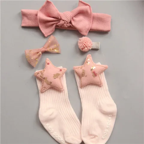 Cloth Star Носки для новорожденных+ повязки на голову, набор заколок с цветочным рисунком, хлопковые эластичные носки для маленьких девочек+ повязка на голову, рождественский подарок - Цвет: Cloth Star