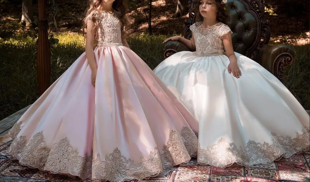 Luxury New Custom Made Flower Girls Dresses Ball Gown Short Sleeve Lace Satin First Communion Dress Size 2-16 | Детская одежда и