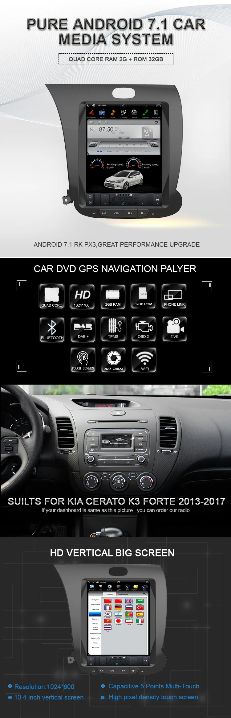 Navivox вертикальный Экран кіа Cerato K3 Форте 2013 Android 7,1 автомобильный мультимедийный плеер AC стерео радио головное устройство